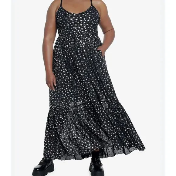 Cosmic Aura Star Silver Foil Mesh Tiered Maxi Dress Womens Plus 4X Whimsigoth 4 - Picture 2 of 11